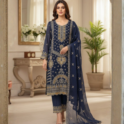 প্রিমিয়াম নীল এমব্রয়ডারি সফট জিমিচু জর্জেট ৪-পিস